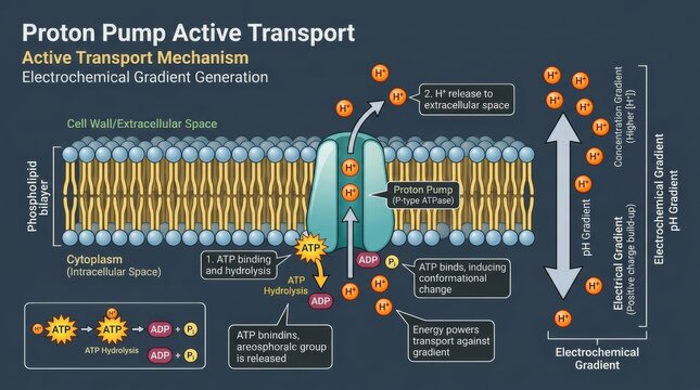 Proton Pump Active Transport Mechanism Biological Cell Diagram.