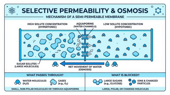 Selective Permeability Osmosis Mechanism Educational Diagram.