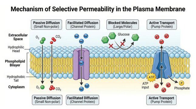 Selective Permeability Plasma Membrane Cellular Transport Illustration.