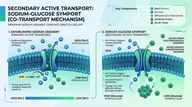 Sodium Glucose Transport Mechanism Cellular Diagram Illustration.