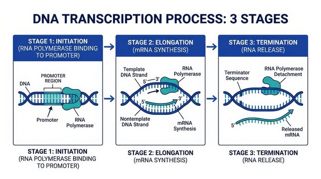 Three Stage DNA Transcription Process Illustration.