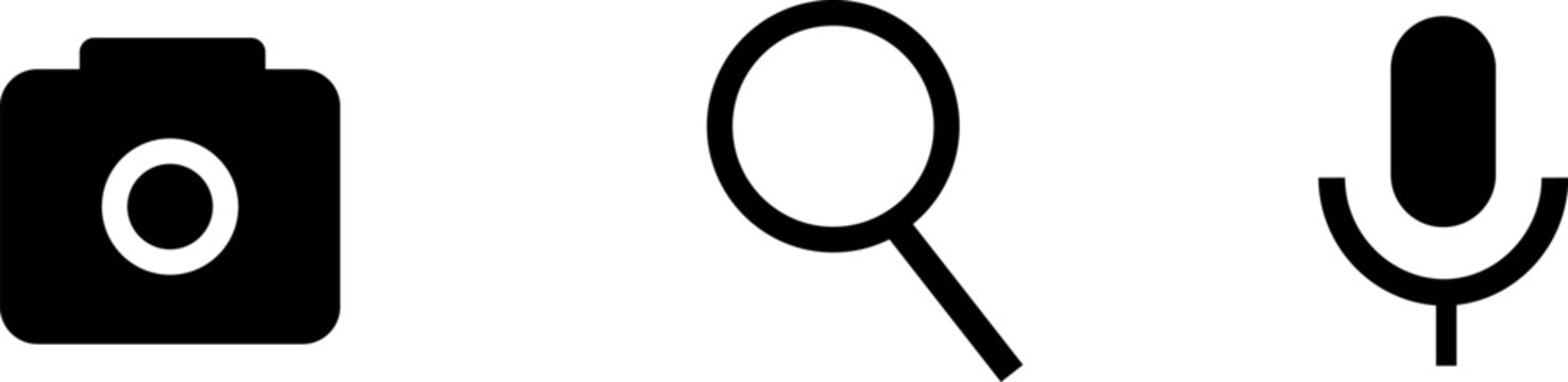 WeMinimalist icons representing camera, search, and microphone functions on white backgroundb