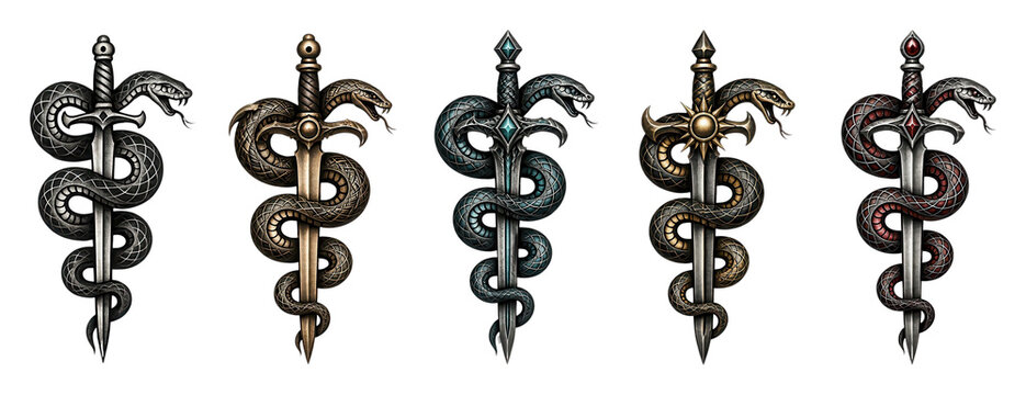 PNG Five ornate caduceus medical symbols with snakes and wings