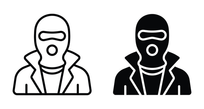 Thief robber criminal icon set showing person wearing balaclava mask and jacket in outline and solid black vector graphic styles