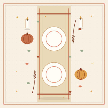Thanksgiving Table With Blank Plates and Pumpkins
