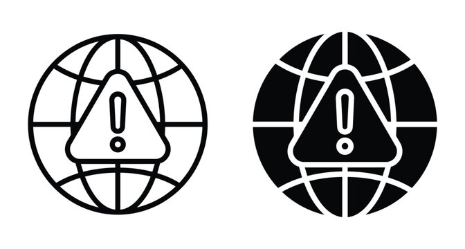Global warning alert icon set featuring world globe with exclamation mark triangle symbol for network security and environmental crisis