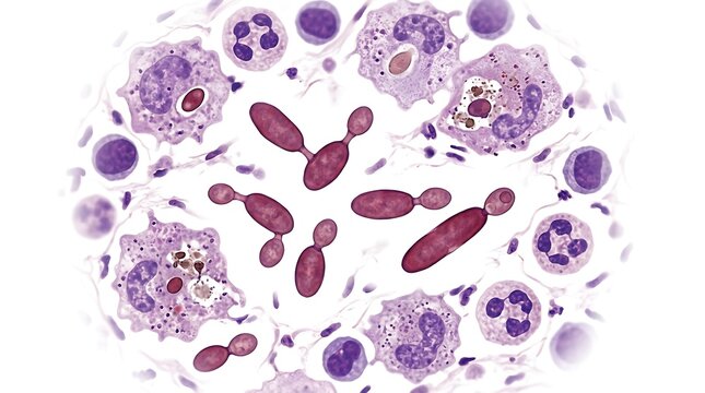 Microscopic view of yeast cells undergoing budding and reproduction