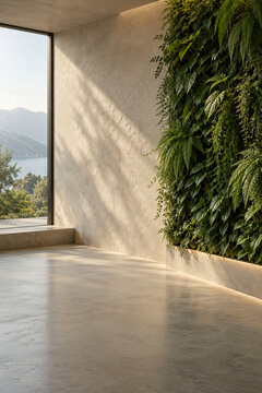 Minimalist interior with a lush living green wall, plaster wall and large window overlooking mountains and sea