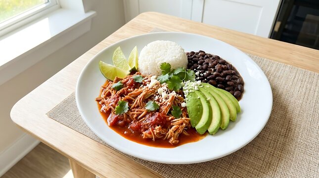 Delicious shredded pork with rice black beans and fresh avocado slices on a white plate. Chicken tinga