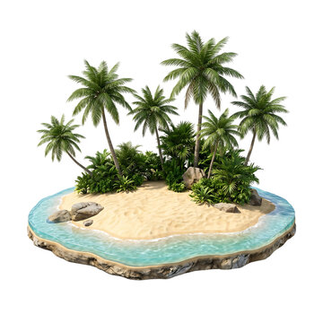 Tropical island with palm trees and sandy beach PNG with transparent background