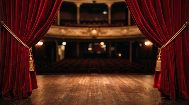 Red velvet theater curtains tied with gold cords frame an empty wooden stage and a softly lit auditorium
