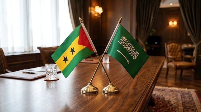 Desk flags of Sao Tome and Principe and Saudi Arabia during an official diplomatic meeting in a hall
