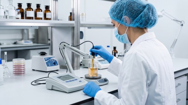 Pharmaceutical laboratory worker checks pH of medicine formulation, creating clear concept for liquid product testing and professional quality control operations.