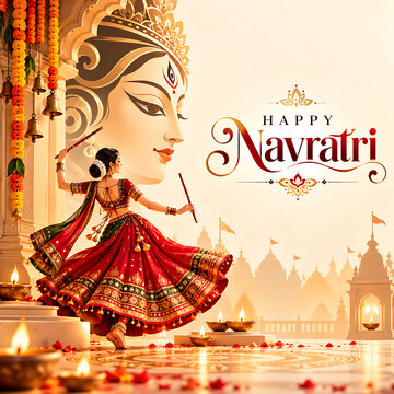 Happy navratri festive greeting with a traditional indian dancer performing