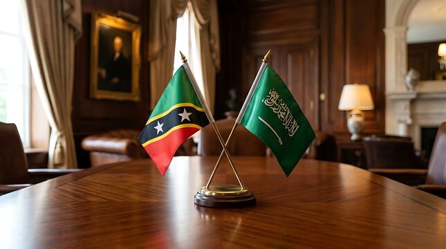 Saint Kitts and Nevis and Saudi Arabia National Flags on Wooden Table for Diplomatic Meeting