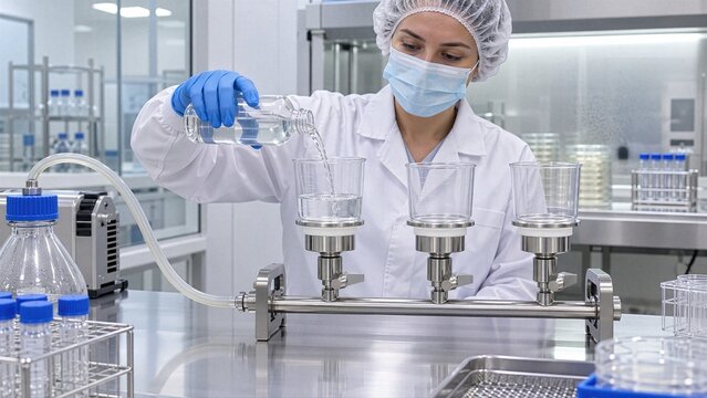 Analyst filters pharmaceutical sample through sterile membrane for bioburden testing, showing microbial quality control and regulated laboratory workflow.