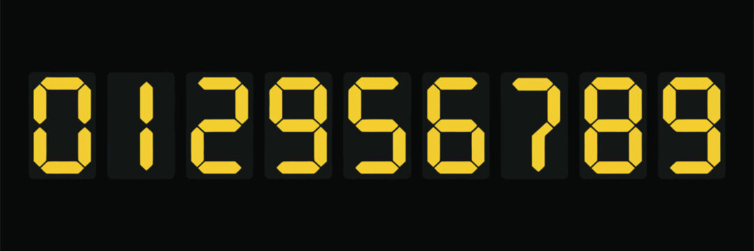 LED digital board icons, cyan clock numbers from zero to nine for scoreboards, signage, information panels, sports games, and schedules.