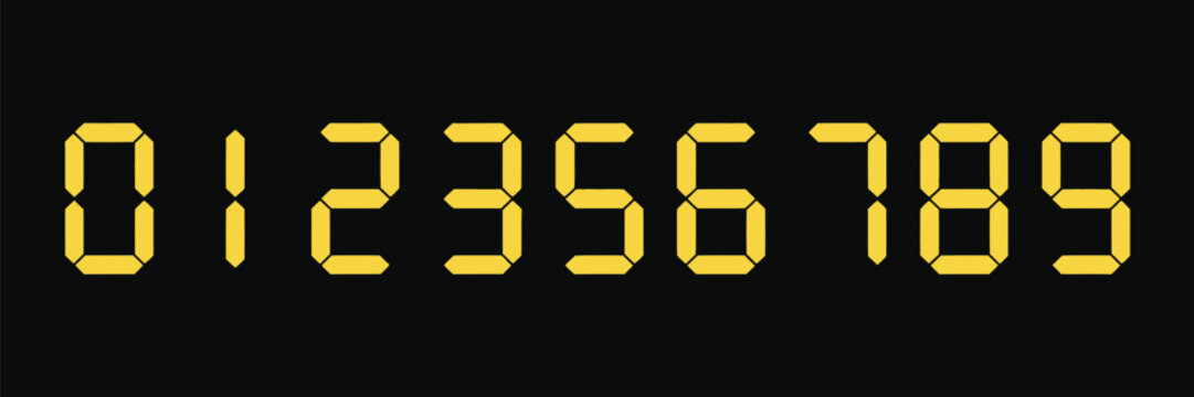 LED digital board icons, cyan clock numbers from zero to nine for scoreboards, signage, information panels, sports games, and schedules.