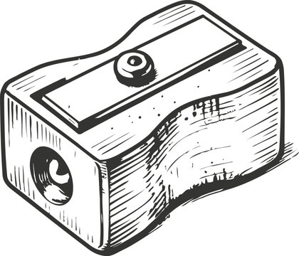 Wooden pencil sharpener with metal blade, classic school and office stationery tool in sketch