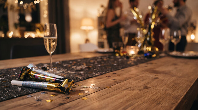Party noise makers and champagne glass on table with blurred people celebrating