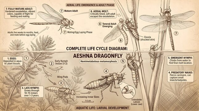 Complete life cycle diagram of Aeshna dragonfly showing incomplete metamorphosis from aquatic nymph to adult emergence biology vector illustration.