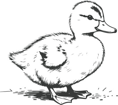Illustration of a cute baby duck standing, side view simple monochrome hand drawn waterfowl sketch