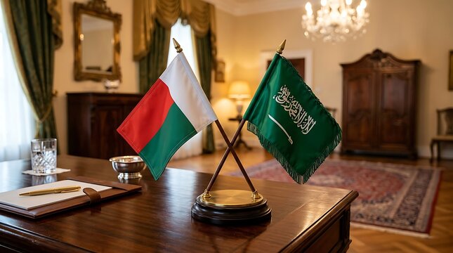 Madagascar and Saudi Arabia National Flags on a Desk for Diplomatic Meeting and Bilateral Agreement