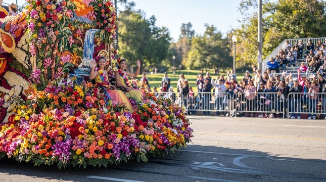 Colorful flower float with young women waving at parade crowd