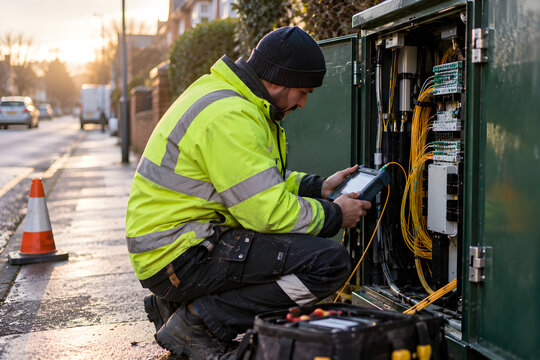 Telecoms technician testing fibre optic lines at a street cabinet
