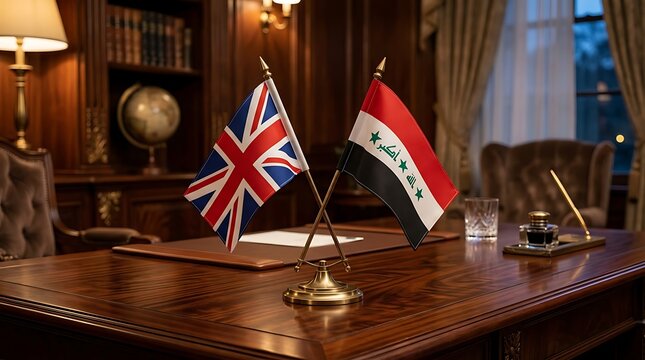 United Kingdom and Iraq Small Desk Flags on Wooden Table Representing International Diplomatic Ties