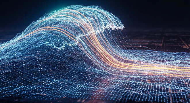 Digital abstract wave visualization with glowing data points and light trails