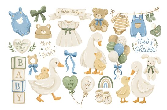 Watercolor baby shower clip art set with cute ducks, goose, newborn clothes and teddy bear