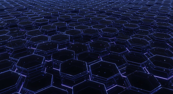 Hexagonal geometric pattern with futuristic glowing blue metallic design elements
