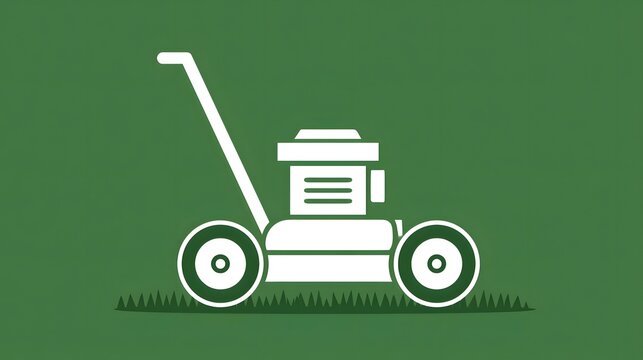 White lawn mower icon vector on a green background. Ideal for landscaping and gardening concepts.