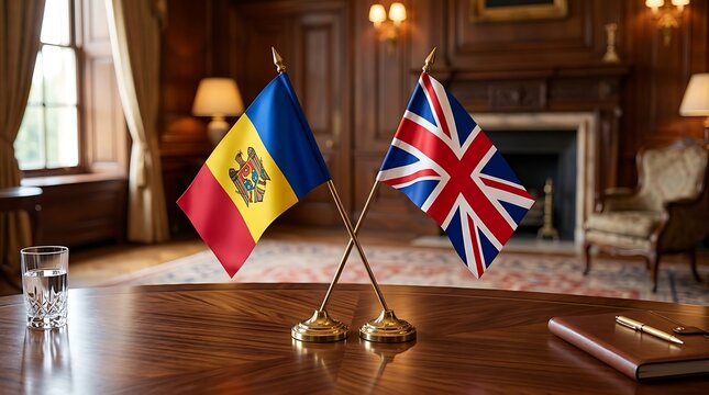 Moldova and United Kingdom Small Flags on Wooden Table for Diplomatic Meeting and Bilateral Agreement