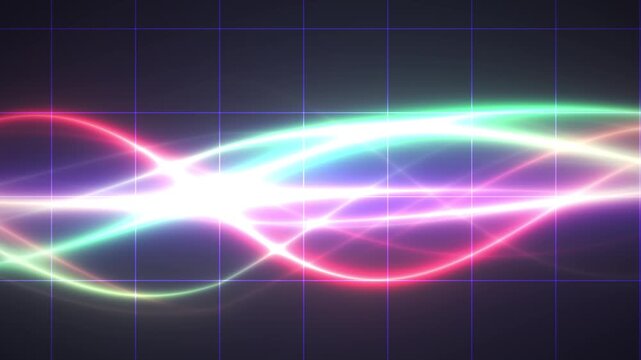 Colorful glowing digital wave lines flowing over a retro synth grid
