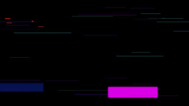 Neon Horizontal Light Bars, Cyan Purple and Blue Lines on Black, Minimal Digital Glitch Elements, Futuristic Motion Graphics Background