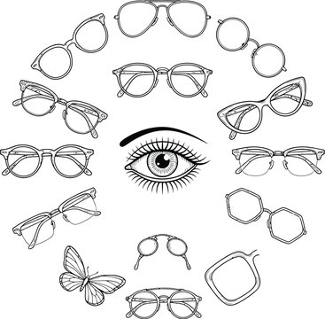 eyeglasses collection with eye and butterfly