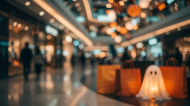 A small ghost decoration with orange shopping bags inside a blurred shopping mall during halloween season