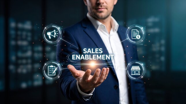 Sales Enablement Concept: Executive Holding Digital Display with Marketing, Strategy, and Finance Icons