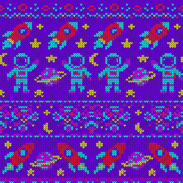 Outer Space Seamless Fair Isle Knit Pattern with Astronauts Rockets and Planets Knitted Vector Illustration Background