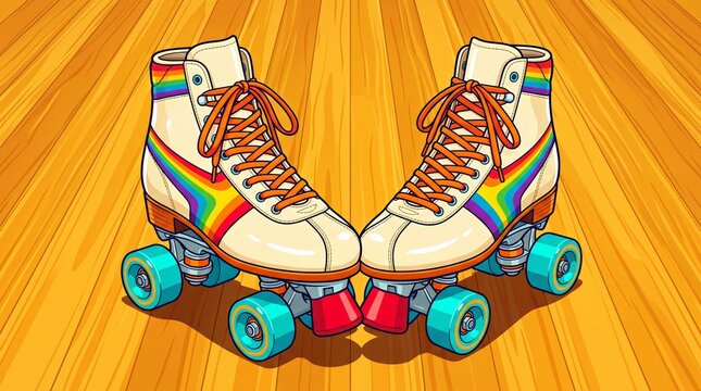 Vintage Rainbow Quad Roller Skates on Wooden Rink Floor Illustration