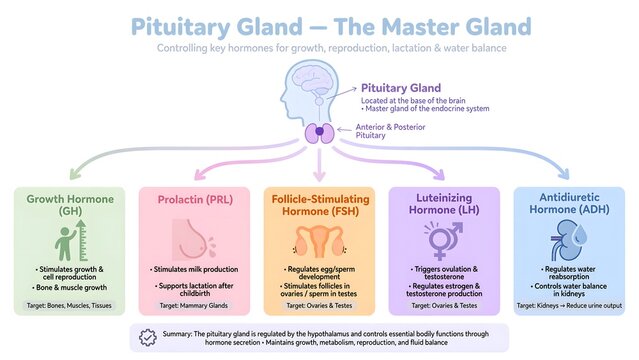 Pituitary Gland Function Educational Infographic Diagram Explaining Endocrine System Hormones.