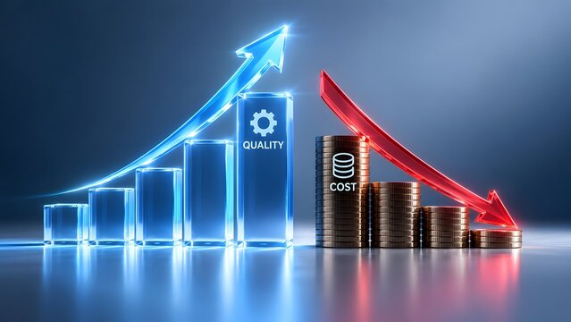 Ascending blue glass chart representing quality improvement beside descending stacked coins and red downward arrow cost