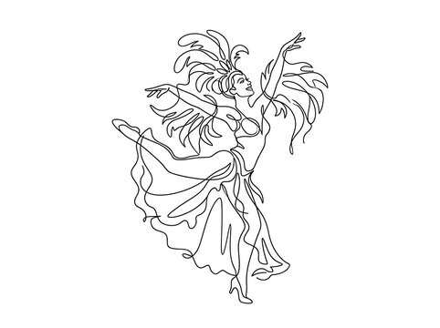 ia generated full length view single line drawing of a samba dancer in carnival feather costume on white background. Minimalist continuous line vector art mockup.