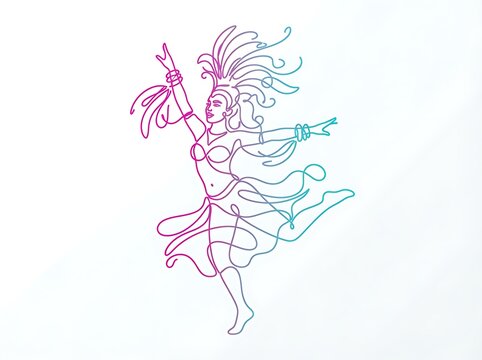 ia generated full length view single line drawing of a samba dancer in carnival feather costume on white background. Minimalist continuous line vector art mockup.