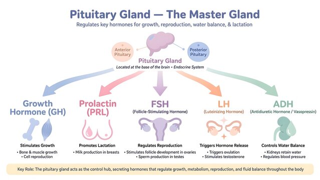 Educational Diagram of the Pituitary Gland showing Hormones and Endocrine Functions.