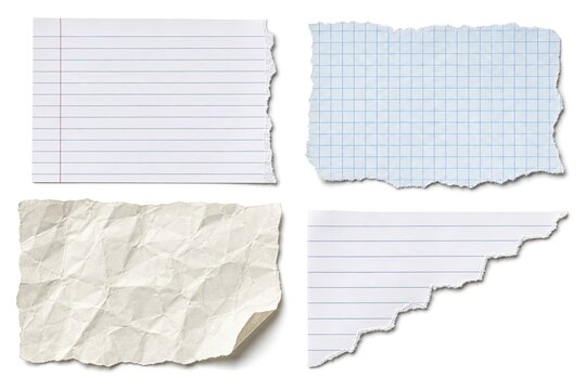 Collage of various blank paper scraps including crumpled piece, lined sheet, grid paper, and zigzag edge for notes or crafts.