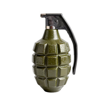 Green fragmentation hand grenade with water droplets on a white background