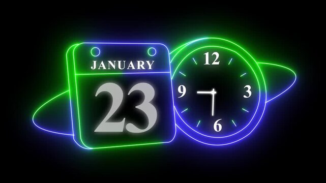 Neon calendar and clock displaying january 23 and time 3:10
